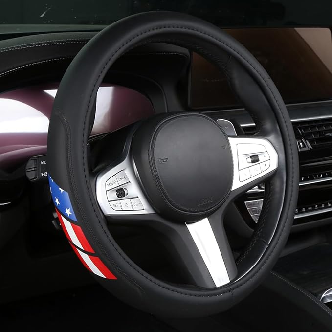 Microfiber Leather Steering Wheel Covers Compatible with Toyota 4Runner Tacoma Tundra Highlander Non-Slip, Breathable 15-16.5 inch - American Flag
