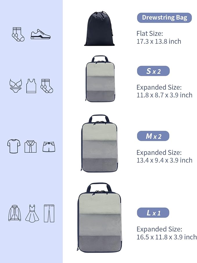 ECOHUB 6 Set Compression Packing Cubes, Lightweight Cruise Ship Vacation Travel Essentials, Durable Travel Accessories for Su