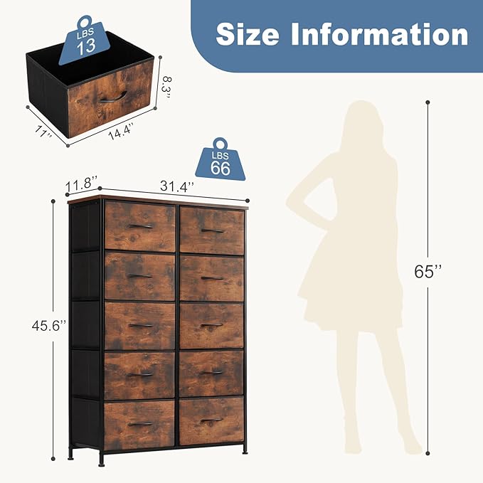 DUMOS Dresser for Bedroom, 10 Storage Drawers, Wide Fabric Closet Chests Organizer Tower Furniture with Wooden Top Metal Fram