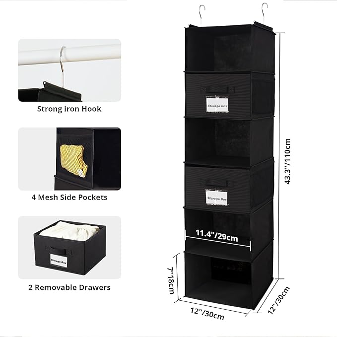 BrilliantJo 2 Pack 6 Shelves Hanging Closet Organizer with 2 Drawer, Hanging Storage with 4 Side Pockets for Clothes Shoes, 4