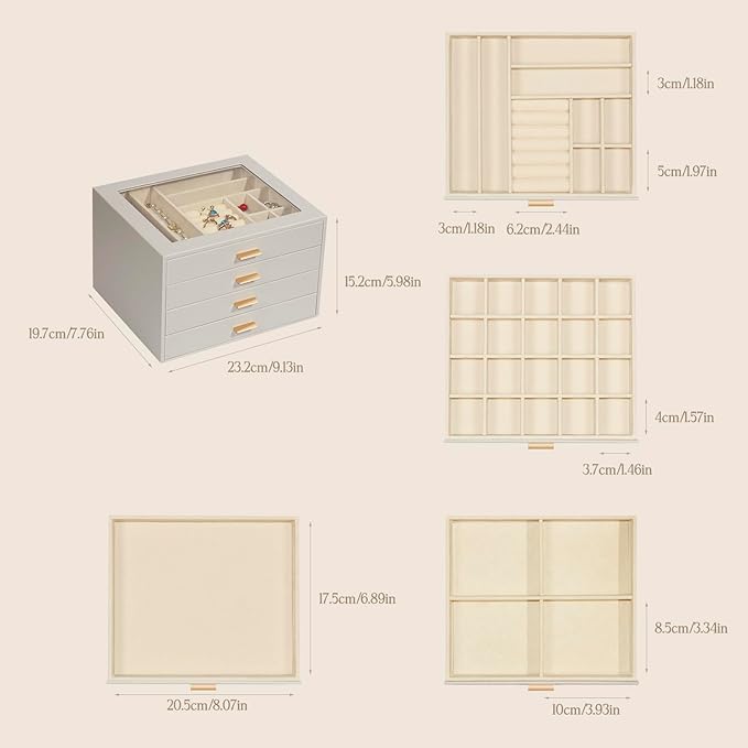 Jewelry Box with Glass Lid, 4-Layer Jewelry Organizer for Women Girls, PU Leather Display Case with 20-Grid Earring Tray & Mo