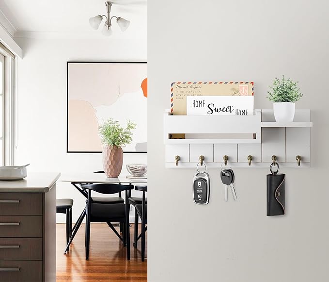 RelaxScene Key Holder Wall Mount - Key Hooks for Wall Decor Living Room - Wooden Key Hanger Rack and Mail Organizer with Shel