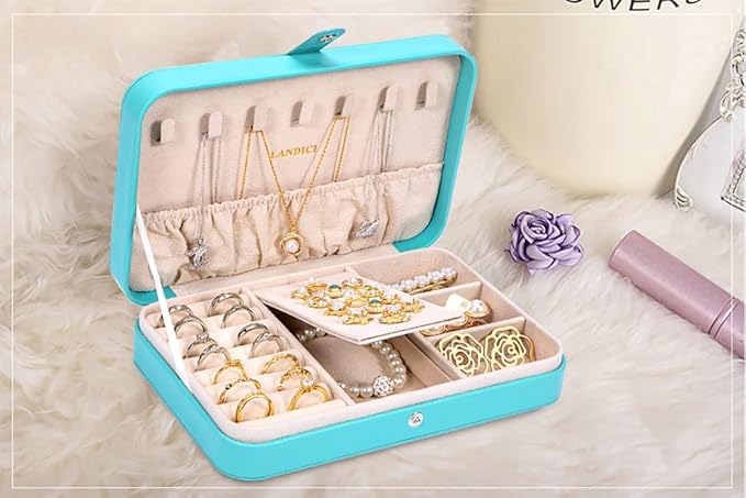LANDICI Small Jewelry Box for Women Girls, PU Leather Travel Jewelry Organizer Case, Portable Jewellery Storage Holder Displa