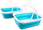 SAMMART 9.2L (2.37Gallon) Collapsible Tub with Handle - Portable Outdoor Picnic Basket/Crater - Foldable Shopping Bag - Space Saving Storage Container (2, White/Bright Blue)
