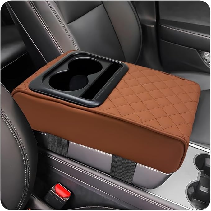 Car Center Console Armrest Pillow, Waterproof Car Armrest Cover Cushion with Cup and Phone Holder, Memory Foam Arm Rest Box Protector for Most Vehicles, Car Accessories (Brown)