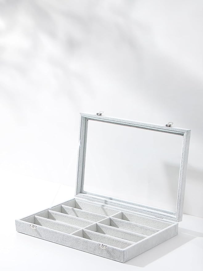 Coward Sunglass Organizer Tray Box, Grey Beige Velvet Eyeglasses Display Tray Case with Transparent Glass Lid for Home Use or