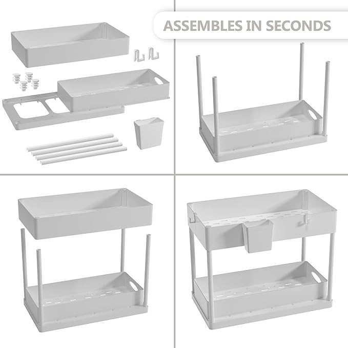 Under Sink Organizers and Storage, Bathroom Cabinet Organizer, Sink Shelf with Utility Hooks and Side Caddy for Under Cabinet
