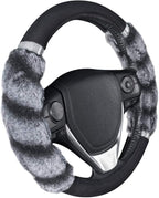 BDK Bear Fur Plush Steering Wheel Cover - Cute Faux Wool Protector for Women Girls Fits Wheels 14.5-15 inch Two Tone Black/Gr
