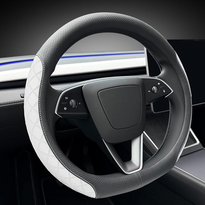 LKWLIKEI Leather Steering Wheel Cover. Elegant Diamond Checkered Design, Non-Slip and Breathable, for Tesla Model 3/Y Steerin