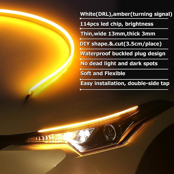 OPP ULITE White Amber Switchback Led Strip Lights, White DRL Amber Sequential Flowing Turn Signal Light, 114 PCS Led Chip Waterproof Car Flexible Tube Easy Paste Install, 2PC Pack