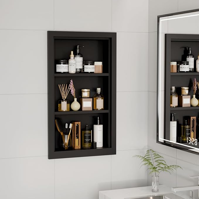 Solid Wood 14 X 24 Recessed Medicine Cabinet,3-Tier, Medicine Cabinet Organizer,Wall Niche, Bathroom Wall Cabinet, Recessed B