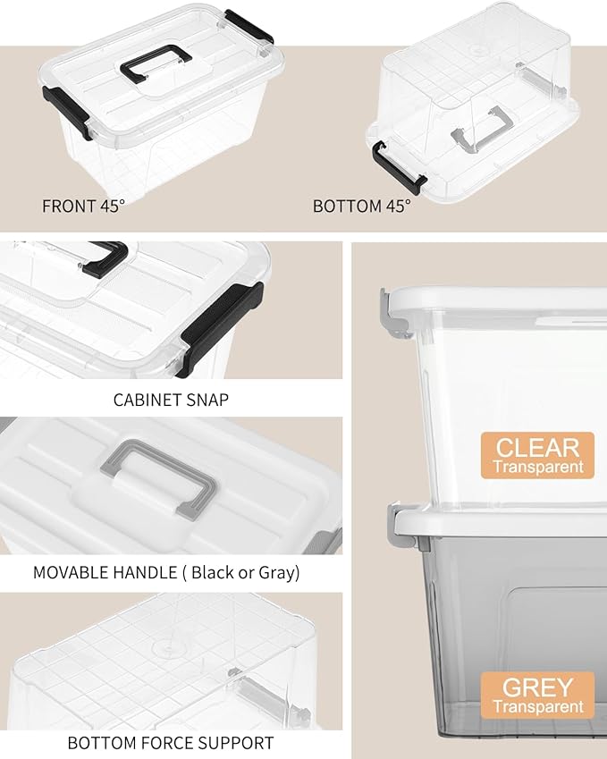 NUMIFUN Plastic Storage Bins With Lids 6 Pack Storage Organizer Bins, 7 Quart Stackable Storage Bins with Lids and Black Hand