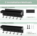 Magnetic Key Holder Wall Mount, Small Metal Key Rack with Tray, 9.6 Inch, 6 Hooks, 2 Installation Options, Black