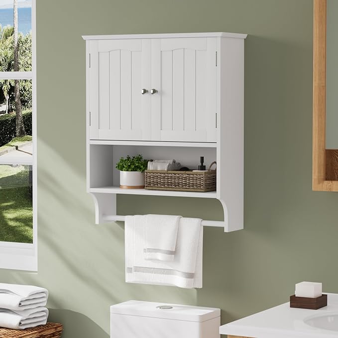 Smuxee White Bathroom Cabinet Wall Mounted with Towels Bar, Bathroom Medicine Cabinet with 2 Door Adjustable Shelves, Over To