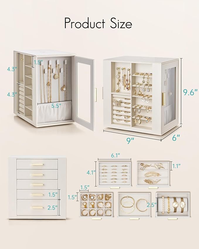 VLANDO 360ｰ Rotating Jewelry Box with 5 Drawers, Mothers Day Mom Gifts, Large Jewelry Storage with 2 Glass Window, PU Leather