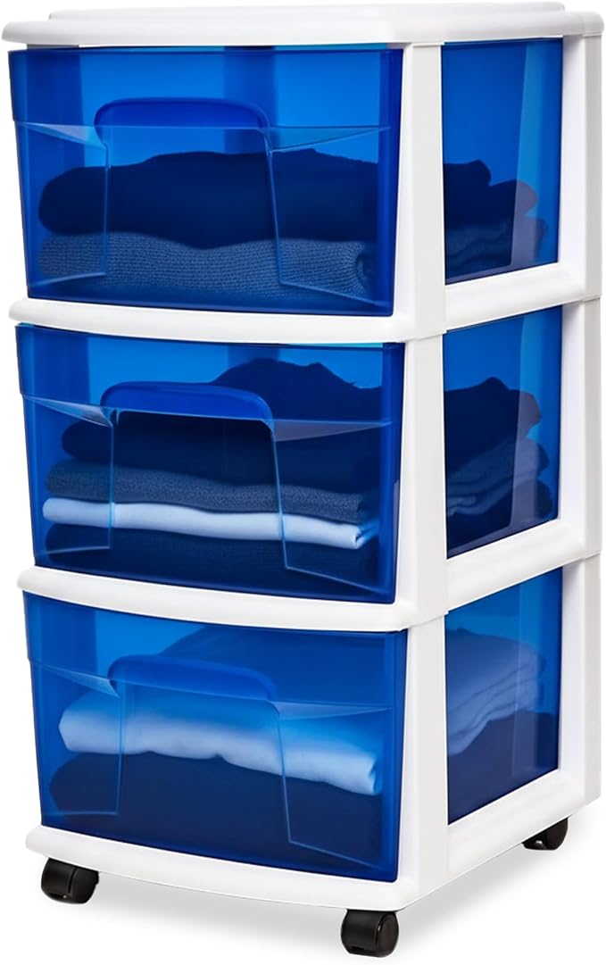 HOMZ Drawer Tower, 3-Tier Clear Blue Plastic Storage Organizer Cart, White Frame - Rolling Drawer Containers with Wheels for 