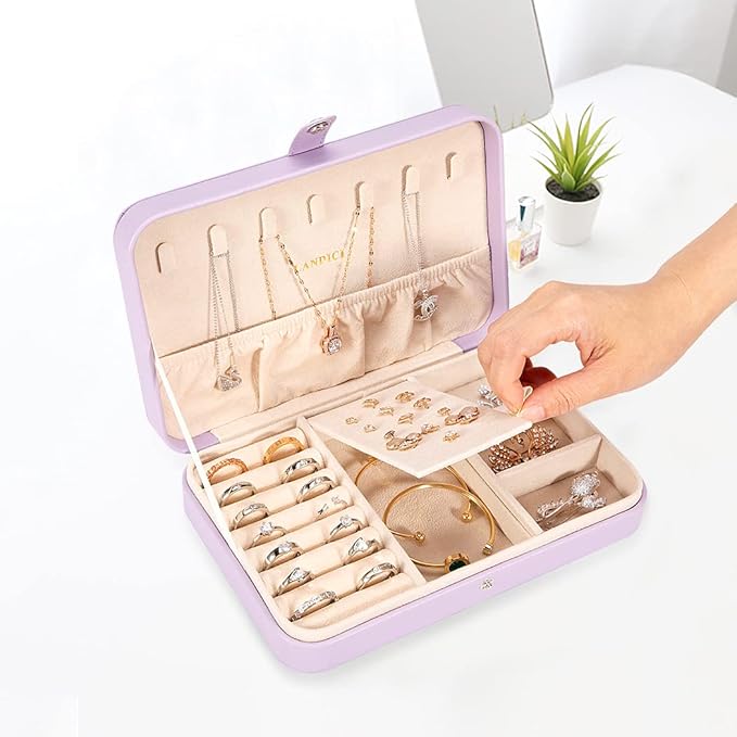 LANDICI Small Jewelry Box for Women Girls, PU Leather Travel Jewelry Case, Portable Jewelry Organizer Storage Holder Display 