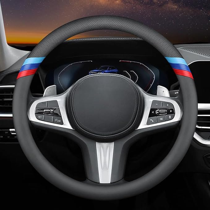 Nappa Leather Slim Stylish Steering Wheel Cover for BMW Steering Wheel Cover Interior Conversion (Black)