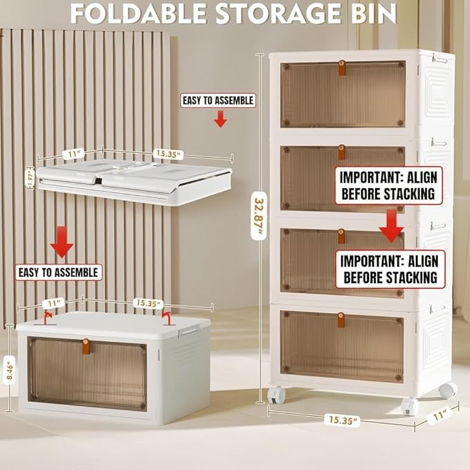 YFXCVSL 4 Tier Plastic Storage Bins with Lid 23QT, Stackable Storage Containers with Wheels, Folding Storage Boxes, Stackable
