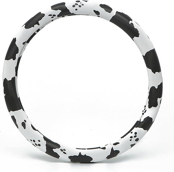 Dotesy Leather Cow Pattern Steering Wheel Cover Protector Cow Print Car Accessories Anti Slip Universal for 36.5-38cm (Black 