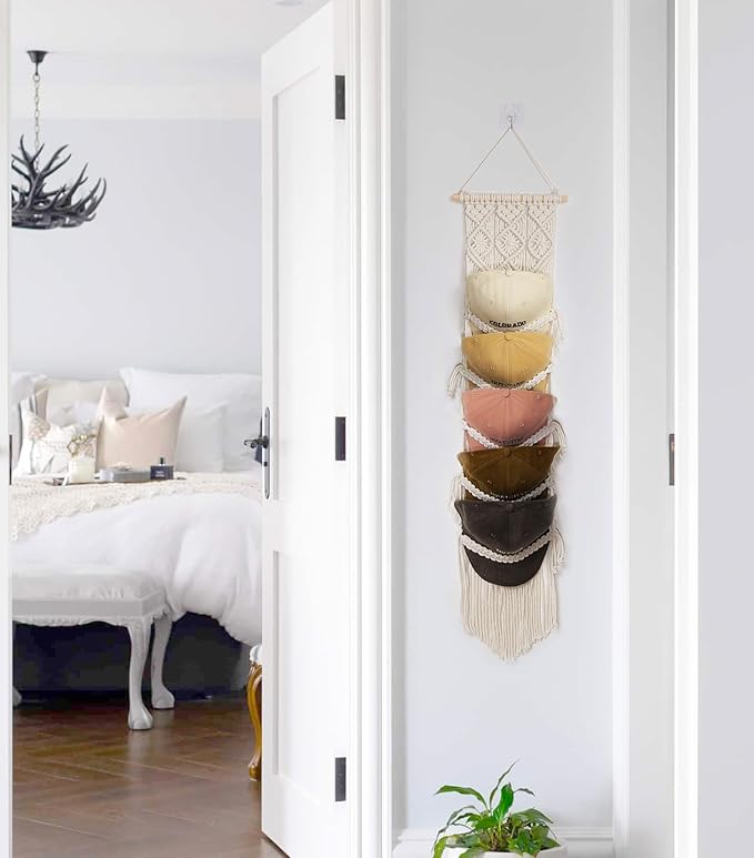 Boho Baseball Cap Hanger-1 Pack-Macrame Hat Organizer for Ball Caps Holder Over Door, Hat Rack for Wall, Cap Rack for Decorat