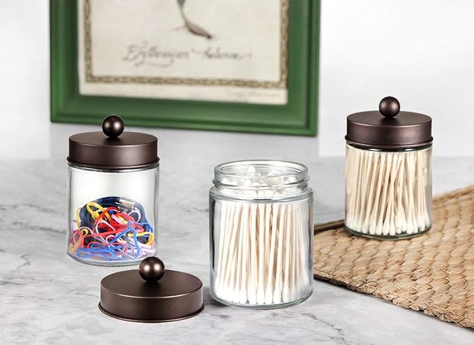 Amolliar 4Pc Apothecary Jars Bathroom Vanity Storage Organizer Set -Countertop Canister with Stainless Steel Lids &Cute Stick