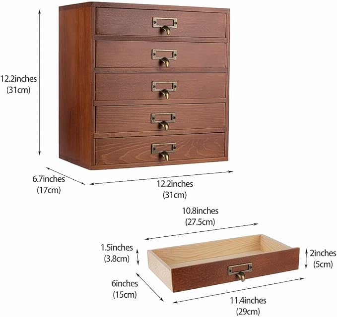Desktop Drawer Organizer - Wooden Card Catalog Cabinet with Small Drawers - Vintage Rustic Desk Organizer (S-BROWN)