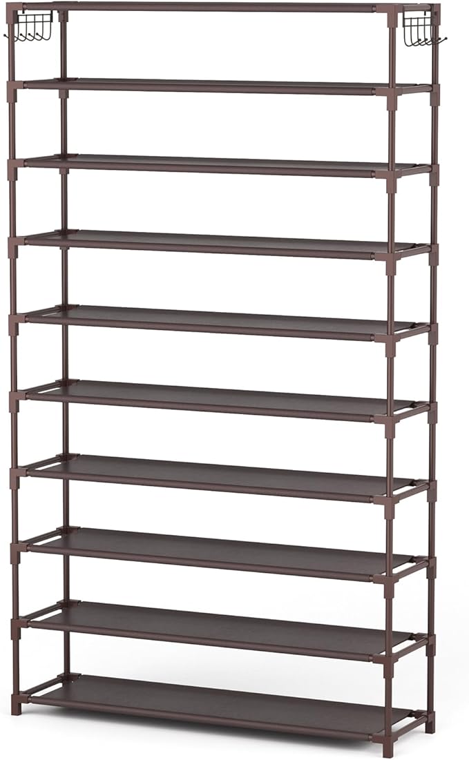 LANTEFUL 10 Tiers Shoe Rack 50 Pairs Large Capacity Tall Shoe Organizer Sturdy Shoe Storage with Two Hooks Space Saving Metal
