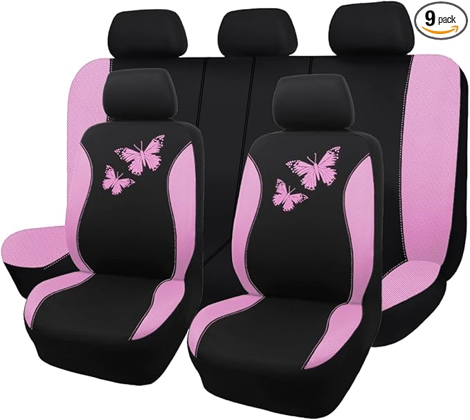 Flying Banner Butterfly car seat Covers ful Set Fashion Universal Lady Woman Female Rear Bench Split Colorized (Pink Black, F