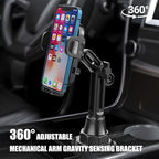 Car Cup Phone Holder, 360° Rotation Carbon Fiber Vehicle Cup Cellphone Holder with Long & Adjustable Neck, Auto Interior Smartphone Expander Mount Accessories, Universal Fit