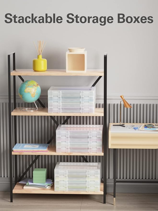 Denkee Large Paper Storage Box, 4 Pack Plastic Scrapbook Paper Storage Organizer with Handle for A4, 8.5 x 11 US Letter, Port