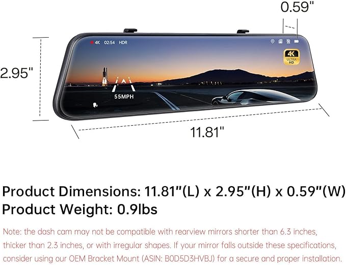 Pelsee P12 Pro 4K Mirror Dash Cam w/ADAS and BSD, 5.8GHz WiFi 20MB/s Download, Rear View Mirror Camera 4K Front and 1080P Rea