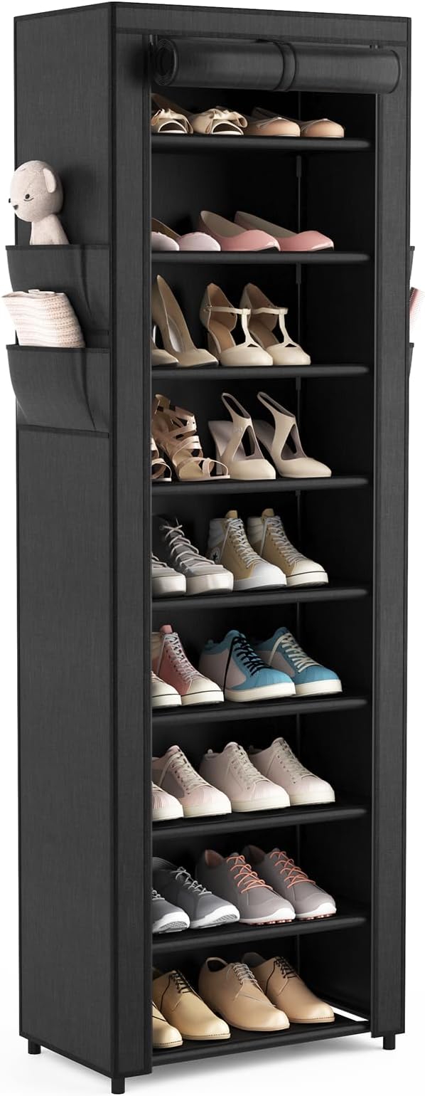 VILICK Shoe Rack with Cover Narrow Shoe Organizer with 4 Side Pockets 10 Tier Tall Shoe Storage Holds 18-22 Pairs Shoes and B