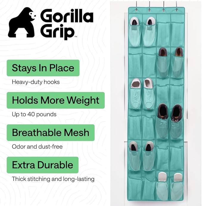 GORILLA GRIP Over the Door Shoe Organizer, 24 Large Breathable Mesh Pockets, Space Saving Hanging Storage Holder, Closet Rack