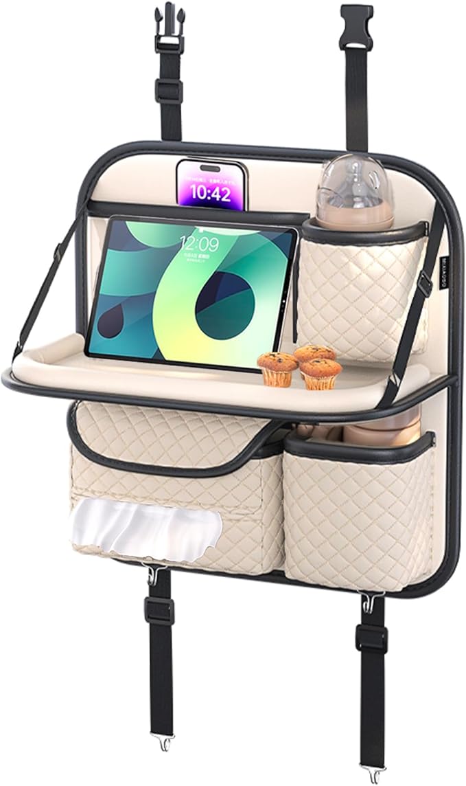 Car Seat Organizer, Backseat Organizer with Foldable Table Tray & Cup Holder, Leather Car Storage for Kids, Women & Mobile Makeup Station, Road Trip Essentials for SUV, Truck, Car (Beige)