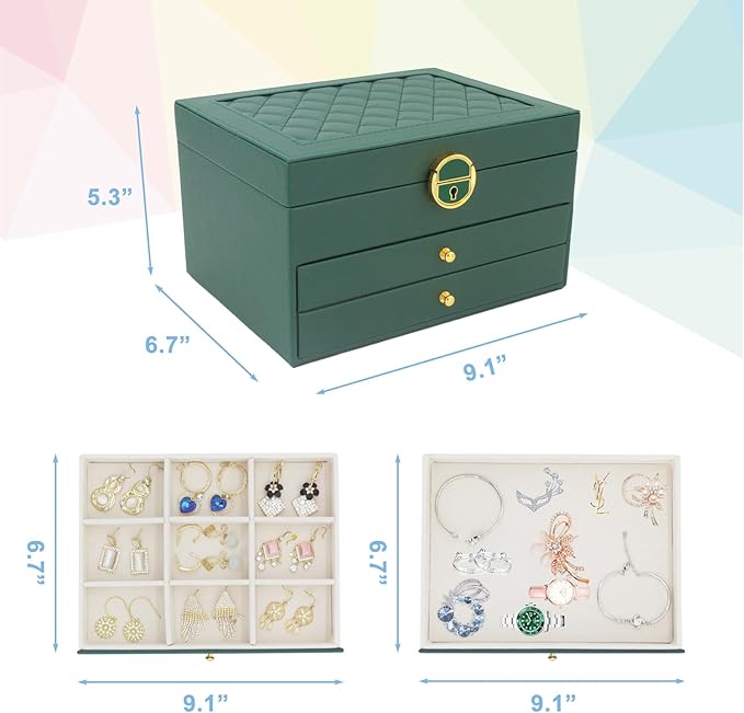 KOOAAICCHI Jewelry Box for Women, 3-Layer Jewelry Organizer, Jewelry Storage Case PU Leather for Earrings, Bracelets, Ring, N