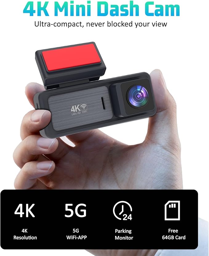 4K Dash Cam, 4K+2K Dash Cam Front and Rear W/ 5GHz WiFi & APP Control 64GB Included, 3.2" IPS Screen Car Dash Cam W/ 24H Park