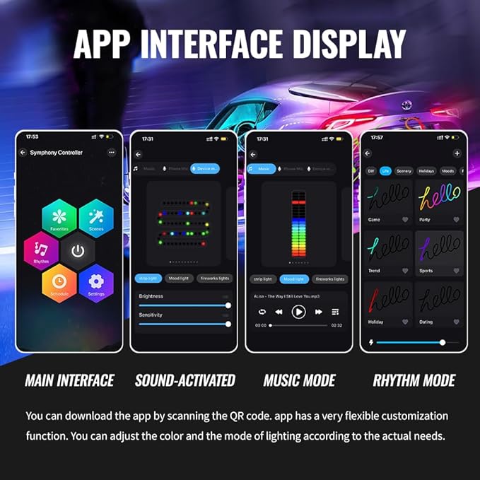Acrylic Car Led Lights Interior, Universal RGB Ambient Lighting Car Kit,175 inch Neon Flexible Fiber Optic Led Strip Music Sync Lights,10 in 1 USB Power Dash Footwell DIY Mode