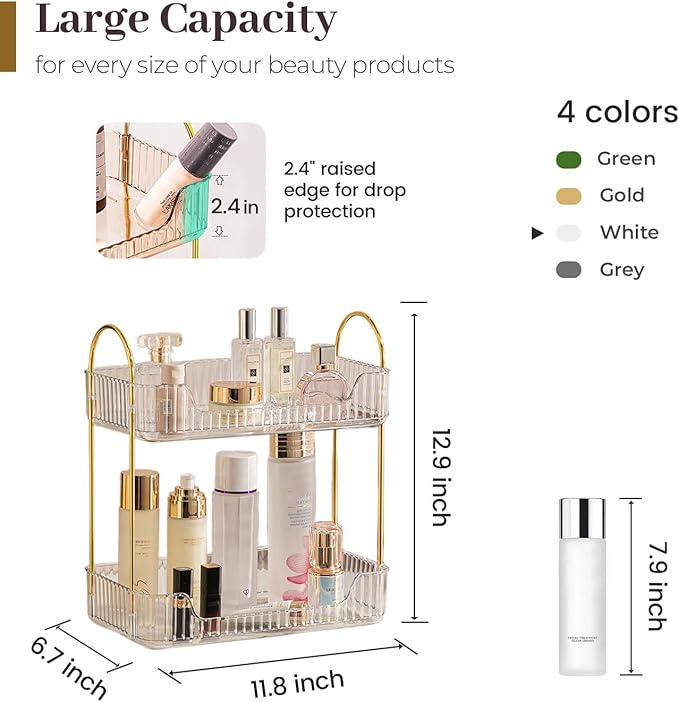 Aveniee Bathroom Counter Organizer, 2 Tier Perfume Skin Care Countertop Storage Shelf, Vanity Makeup Tray for Cosmetic Skinca