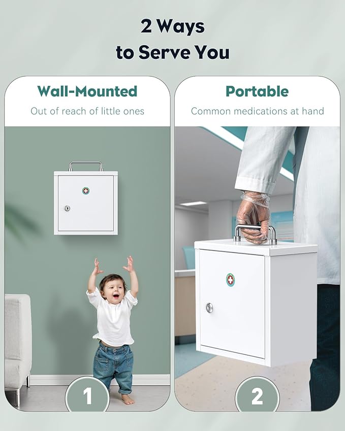 Uniclife Wall Mount Medicine Cabinet with Key Lock & Handle Locking First Aid Cabinet Lockable Medical Cabinet Lightweight Me