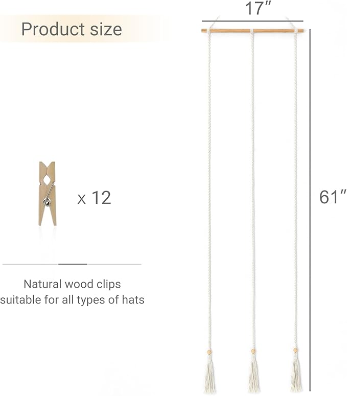 Mkono Hat Rack Hat Hangers for Wall Boho Caps Storage Display Organizer with Decorative Tassels Modern Cowboy Womens Hat Disp