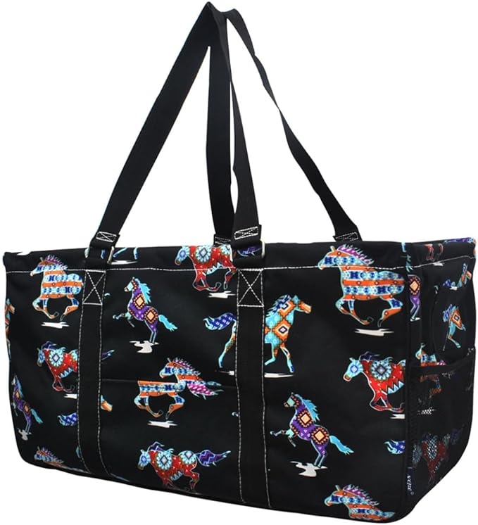 NGIL Extra Large Utility Tote Reusable Grocery Organizing Bag Oversized Collapsible for Storage, Picnic,Car, Beach (Stallion Wild Horse Black)