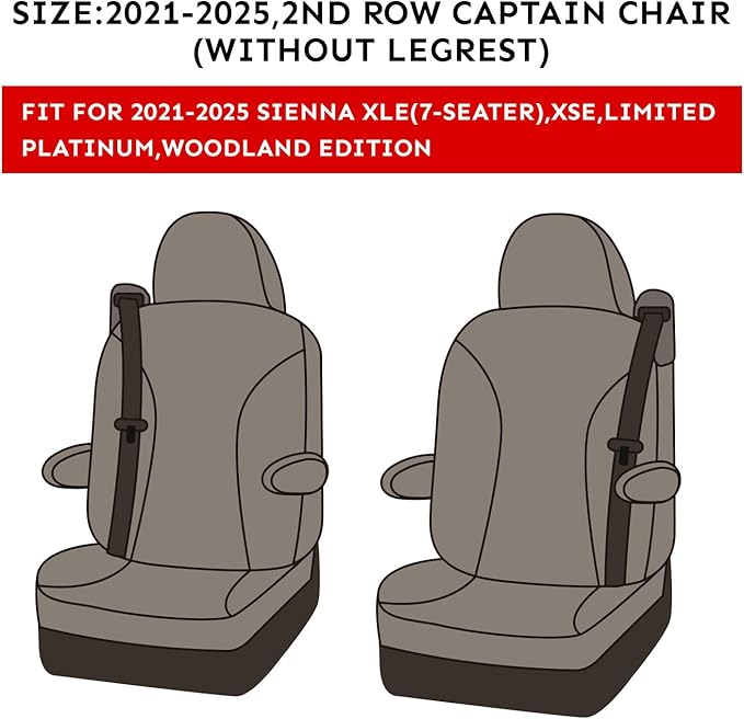 EKR Sienna Seat Covers for 2021-2026 Toyota Sienna XLE,XSE,Limited,Platinum,7 Seats,2nd Row Captain Chairs W/NO Legrest,Leath