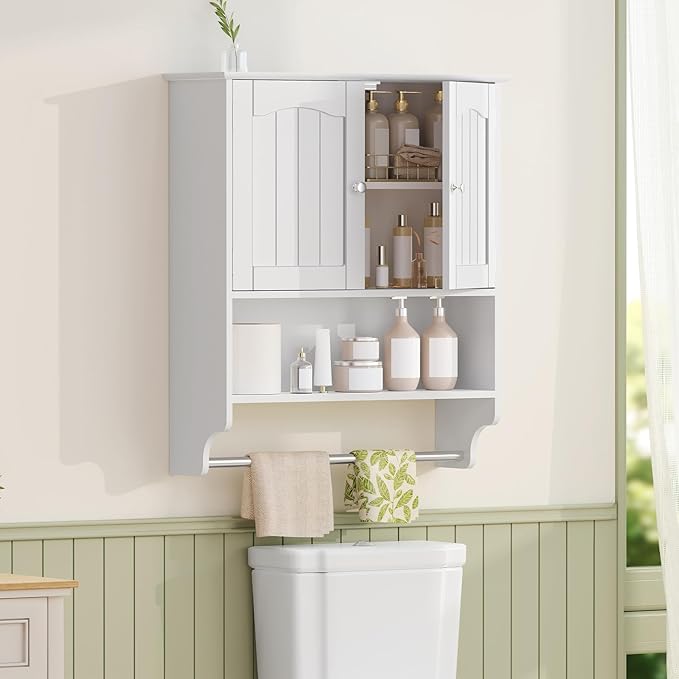 Iwell Bathroom Wall Cabinet, Over The Toilet Storage Cabinet with Towel Rack & Adjustable Shelf, Medicine Cabinet for Bathroo