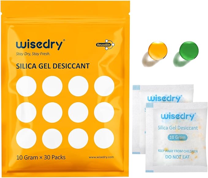 wisedry 10 Gram [30 Packs] Silica Gel Desiccant Packets Reusable for Moisture with Color Indicating Rechargeable Small
