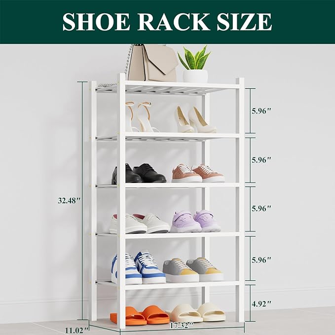 Smiry Shoe Rack, 5 Tier Thick Small Bamboo Shoe Organizer, Stackable Free Standing Wooden Shoe Storage Shelf for Closet, Entr