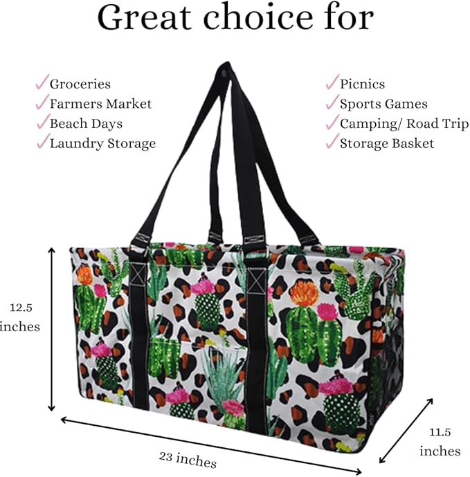NGIL Extra Large Utility Tote Reusable Grocery Bag Oversized Collapsible for Groceries, Storage, Picnic, Beach (Cactus Dance-black)