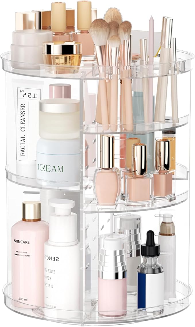 Rotating Makeup Organizer, DIY 8 Adjustable Layers Spinning Skincare Organizer, Cosmetic Display Case with Brush Holder Perfu