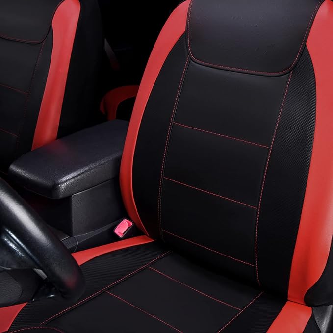 Flying Banner car seat Covers Protects Water Proof Faux Leather Carbon Fiber Front and Rear Bench (Red Black, Full Set - 9PCS