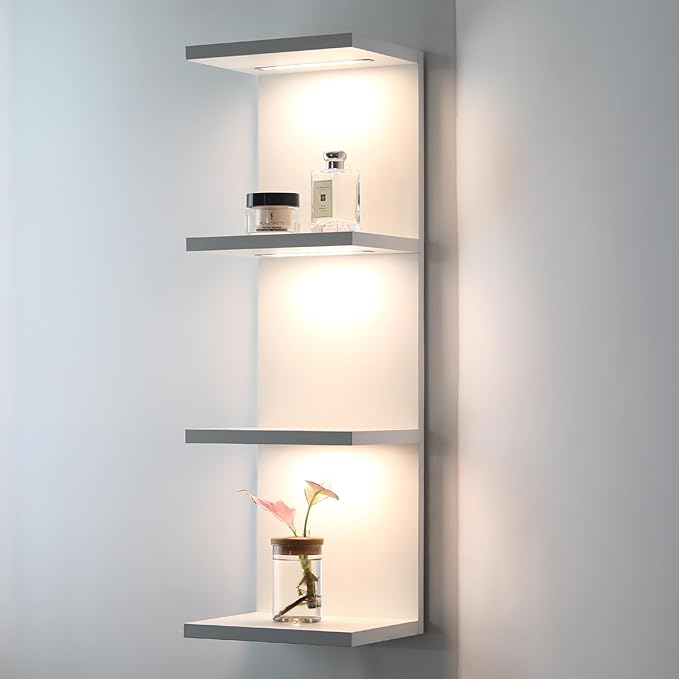 4 Tier LED Wall Shelf - Modern Floating Shelves for Makeup Vanity, Bedroom, Living Room | Easy Install Cosmetic & Display Lac